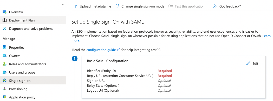 MS Entra Configuration: Configure identifier (the SAML entity ID) for the new application, add Reply URL
